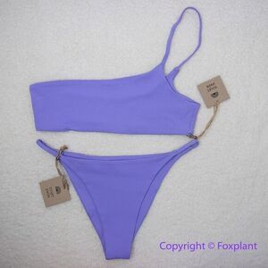 New! Set! Toast Signature One-Shoulder Bikini Top, String Bottom, purple, size M